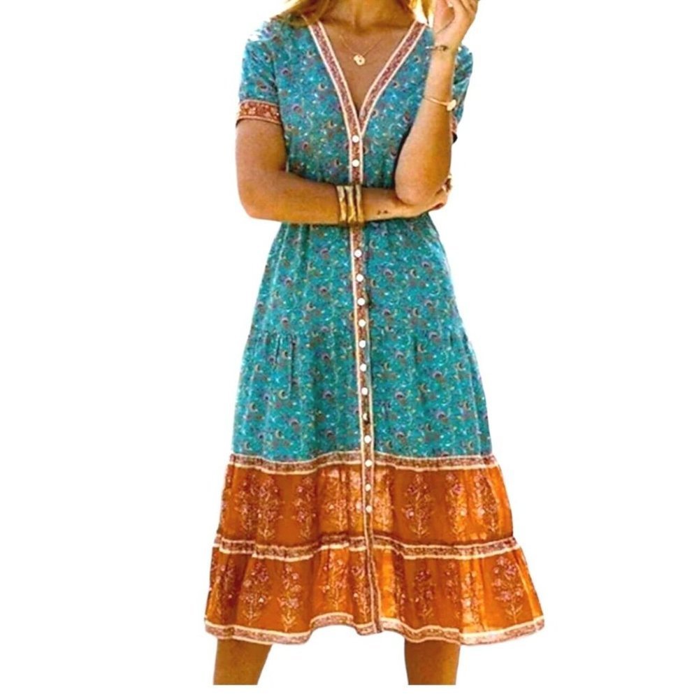 Womens Boutique Boho Tiered Floral Shirt  Dress Swing Midi Teal Orange Small‎